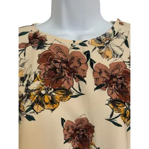 ZARA Floral Cream Brown Striped Hem 3/4 Sleeve‎ Shift Mini Dress NWT $70 Medium thumbnail 3