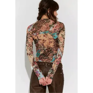 Free People Dainty Retro 90s Ariana Long Sleeve Ruched Top Taupe Combo Large thumbnail 3