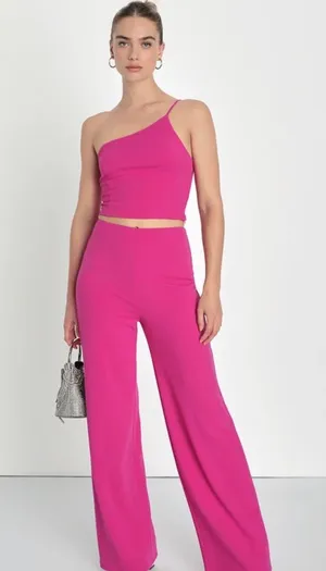 Magenta One-Shoulder Jumpsuit. thumbnail 1
