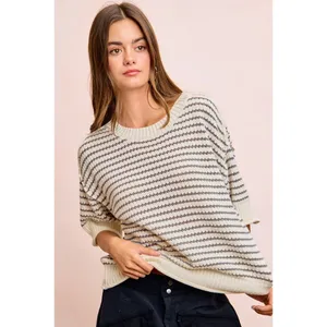 BiBi Stripes Short Sleeves Rib Banded Outseam Knit Top‎ - Cream/Grey - Medium thumbnail 14