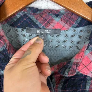 Miss Me Distressed Crochet Lace Button Down Flannel thumbnail 3