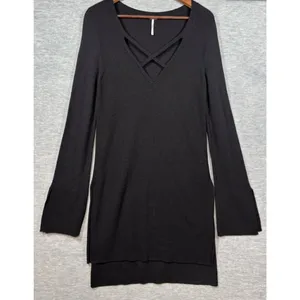 Free People Womens V-Neck Black Long Sleeve Sweater Tunic Dress M‎ thumbnail 3