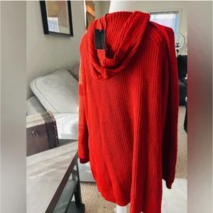 Signature Studio Women’s Red Hooded Open Front Knit Cardigan Sweater Pockets L thumbnail 3