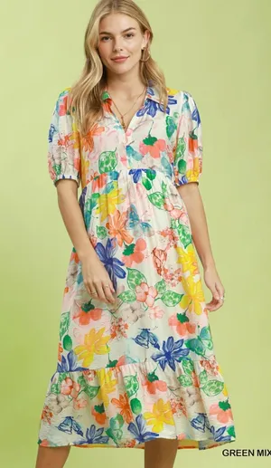 Umgee Watercolor Floral Tiered Midi Dress - Green Mix - Large thumbnail 1