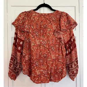 Loft burnt orange floral ruffled shoulder long sleeve blouse thumbnail 6