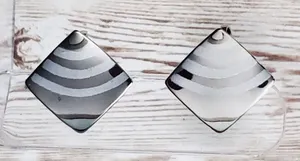 Vintage Clip On Earrings - Silver Tone Diamond Shape with Design thumbnail 1