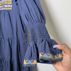 Pomander Place Womens‎ 100% Cotton Kenzo Dress M Navy Embroidered Sequin Tiered thumbnail 6