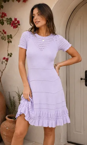 Maeve by Anthropologie Promenade Pointelle Purple Knit Ruffle Sweater Dress thumbnail 1