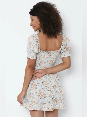 American Eagle Floral Smocked Mini Dress Blue Linen Blend Boho Cottagecore M thumbnail 3