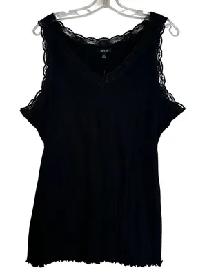 Apt. 9 Womens XL Black Ribbed Cotton Lace Trim V-Neck Tank Top NN12007 NWT thumbnail 1