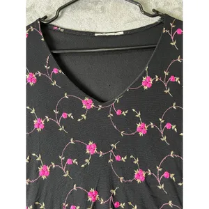 Vintage Y2K Black Pink Rose Floral Mesh V Neck Long Sleeve Top Fairy Grunge S thumbnail 2