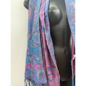 Jerusalem Pashmina Scarf Purple Pink Blue 100% Cashmere Paisley Fringe Wrap thumbnail 6