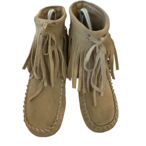 ALDO VTG Y2K 90s Tan embroidered Skagen Fringe Suede Moccasins Boho Festival RARE‎ thumbnail 4