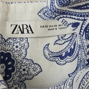 Zara White & Blue Linen Blend Paisley Patterned Fit & Flare Summer Dress Size XS thumbnail 4
