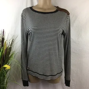 Lauren RL Black & White Striped Leather Elbow Patch Long Sleeve Tee L thumbnail 4
