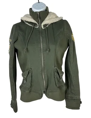 Affliction Black Premium Womens XS Green Military Style Hooded Jacket thumbnail 1