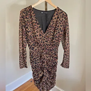 Zara Leopard Print Ruched Wrap Mini Dress M Bodycon Date Night Sexy thumbnail 2