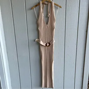 NICHOLAS Plunge‎ Neck Ribbed Cotton Knit Dress Neutral Beige Size M thumbnail 2