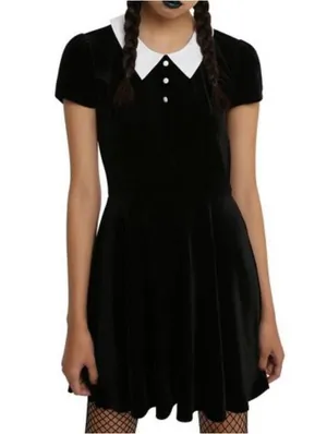 Hot Topic Black & White Collar Velvet Dress Wednesday Addams Goth Small thumbnail 2