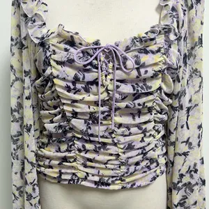 Free People Mabel Lilac Combo Purple Yellow Floral Sheer Puff Sleeve Top Large thumbnail 3