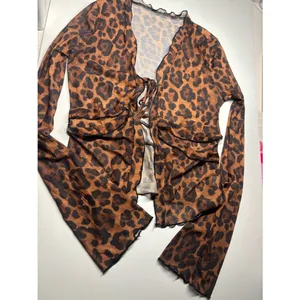 Leopard Print Mesh Tie Front Top Brown Black Ruffle Bell Sleeve Y2K Coquette thumbnail 4