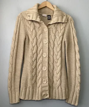 Arizona Jeans Y2K Cable Knit Cardigan Size Medium Tan Button Sweater Chunky Academia thumbnail 1