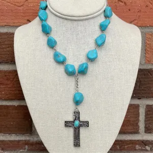 Cross Lariat Necklace with Faux Turquoise thumbnail 1