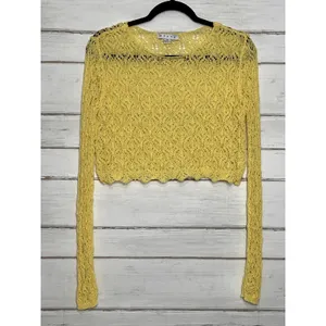 HYFVE Women's Small Yellow Long Sleeve Crochet Knit Pullover Sweater Sheer thumbnail 2