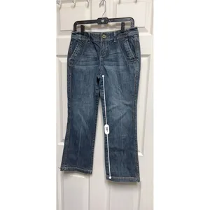 Womens Dark Wash Cropped Flare Jeans Low Rise Y2K‎ Style Denim Blue 31x25 thumbnail 4