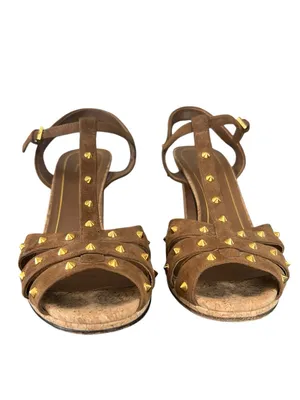 Gucci Women’s Jacquelyne Brown Suede Gold Studded Cork Block Heels Size 39 thumbnail 5