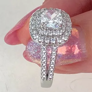 Diamond Look CZ Engagement Ring Halo Cushion Cut Silver Size 7.5 thumbnail 5