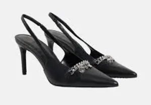 New! DKNY Slingback Pumps Black Heels Chain & Charms Detail Size 8.5 thumbnail 1
