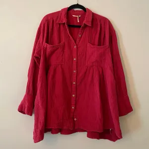 Free People Hot Pink Oversize Boho Button Down Shirt Loungewear Minimalist Small thumbnail 1