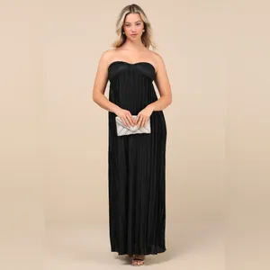 LULU’S Whimsical Beauty Black Satin Plisse Strapless Maxi Dress thumbnail 8
