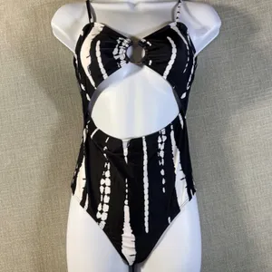 Unbranded One Piece Swimsuit Cut Out O-Ring Sarong Set‎ 160 Black White thumbnail 2