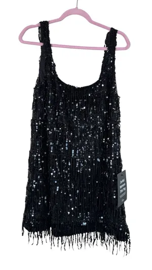 Lulus Black Sequined Mini Shift Dress Womens L Glam Party Holiday Sleeveless NWT thumbnail 1