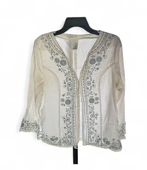 White Linen Blend Embroidered Blouse Size M thumbnail 1