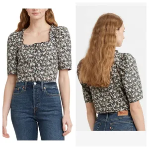 NEW Levi’s Square Neck Puff Sleeve Floral Crop Blouse 100% Cotton - Size XL thumbnail 2