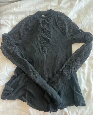 Free People Black Lace-Inset Long Sleeve Tee thumbnail 1