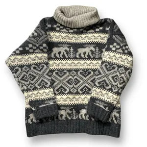 Vintage 90s Eddie Bauer Gray Black Moose‎ Nordic Fair Isle Turtleneck Sweater thumbnail 5