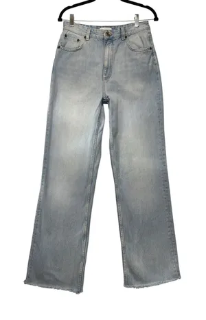 Zara High Rise Wide Leg Jeans Light Wash Blue Raw Hem Size 6 thumbnail 1