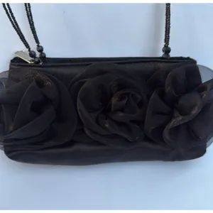 Vintage Handbag Black Rayon with Beaded Handle and Rose Detail thumbnail 2