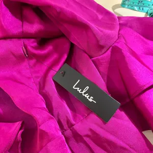 Lulus Fuchsia Pink Satin Ruffle Mini Dress Bell Sleeve Size L NWT Party Dress thumbnail 4