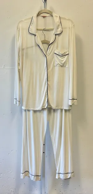 Eberjey Gisele Long Sleeve Pajama Set White Navy Blue Contrast Piping‎ Medium thumbnail 1