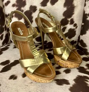 Miu Miu Metallic Gold Leather Cork Platform Heels thumbnail 1