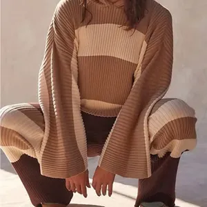 Free People Beach NWT Kami Hooded Sweater Set Womens Small Brown/Cream Oversized thumbnail 3
