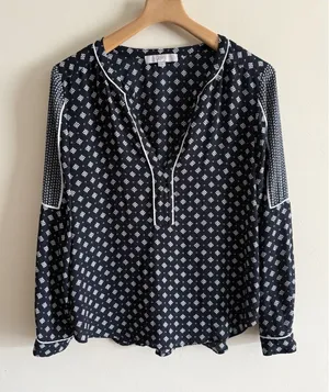 Loft Navy Blue White Elastic Wrist V-Neck Tunic Blouse Top‎ Shirt Size M thumbnail 1