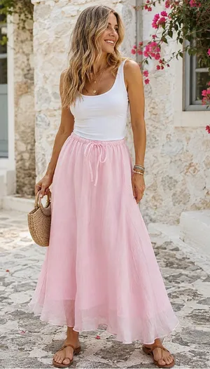 WD•NY Flowy Maxi Skirt Sheer Chiffon Drawstring Waist Pink Romantic Size XL NEW thumbnail 1