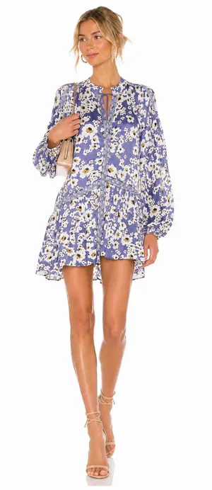 NEW Free People Blue Floral Bohemian Keyhole Long Sleeve Mini Dress Sz MEDIUM thumbnail 1