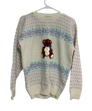 Kate Collins Sweater Vintage Teddy Bear Pastel White Knit‎ Crewneck 90s Kidcore thumbnail 1